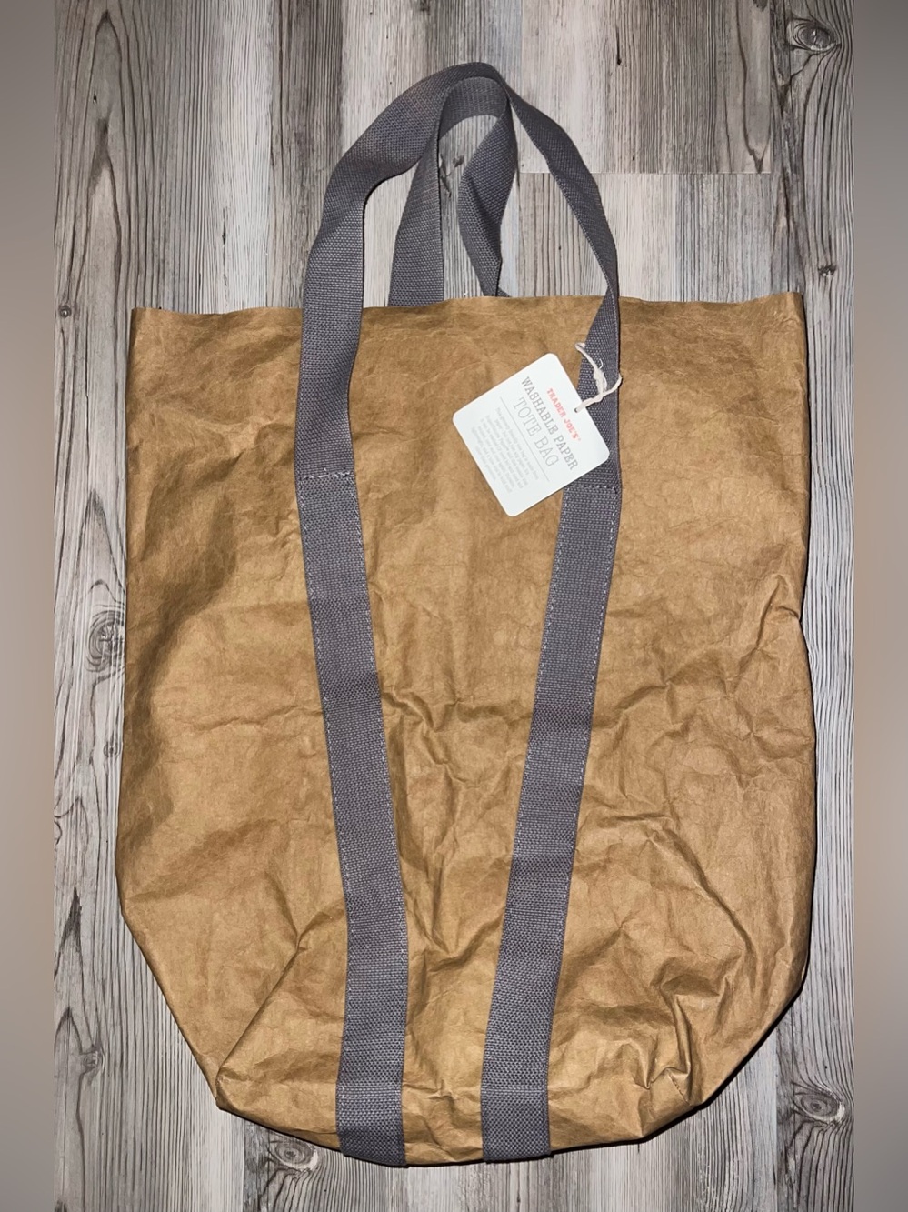 Trader Joe’s Washable Paper Tote Reusable Grocery Bag Gray Handles Brown Retired